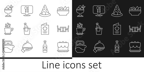 Set line Cake, Wooden table with chair, Slice of pizza, Champagne in an bucket, Coffee cup, Ice cream bowl, Cookbook and Cafe and restaurant location icon. Vector
