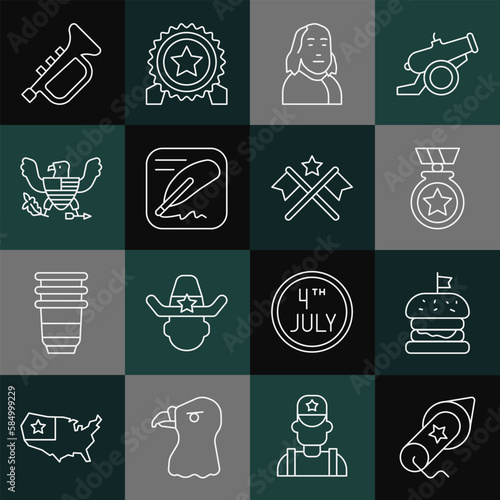 Set line Firework, Burger, Medal with star, Benjamin Franklin, Declaration of independence, Eagle, Trumpet and American flag icon. Vector