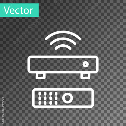 White line Wireless multimedia and TV box receiver and player with remote controller icon isolated on transparent background. Vector