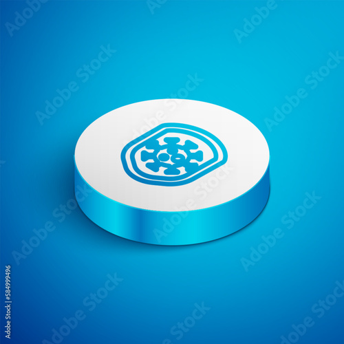 Isometric line Shield protecting from virus, germs and bacteria icon isolated on blue background. Immune system concept. Corona virus 2019-nCoV. White circle button. Vector.