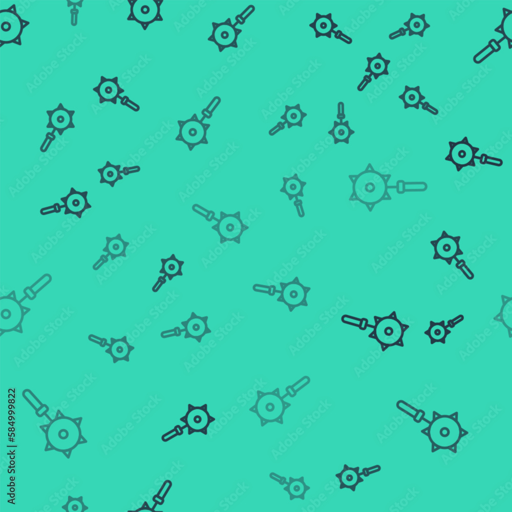 Black line Medieval chained mace ball icon isolated seamless pattern on green background. Medieval weapon. Vector