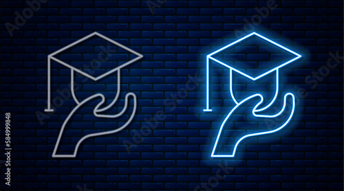 Glowing neon line Education grant icon isolated on brick wall background. Tuition fee, financial education, budget fund, scholarship program, graduation hat. Vector
