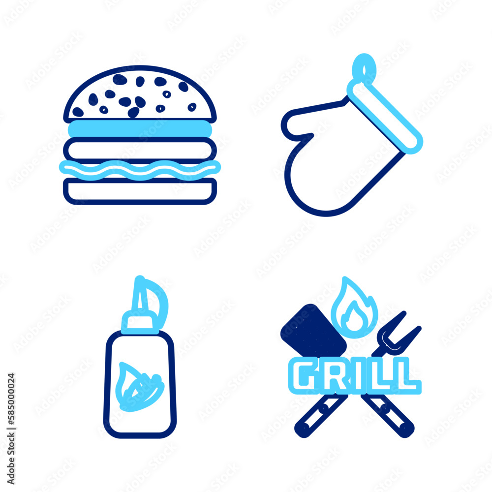Set line Crossed fork and spatula, Ketchup bottle, Oven glove and Burger icon. Vector Set line Crossed fork and spatula, Ketchup bottle, Oven glove and Burger icon. Vector
