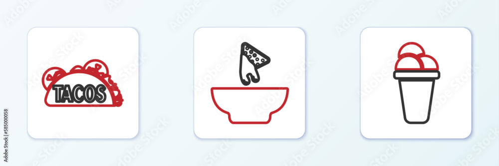 Set line Ice cream, Taco with tortilla and Nachos in plate icon. Vector Set line Ice cream, Taco with tortilla and Nachos in plate icon. Vector