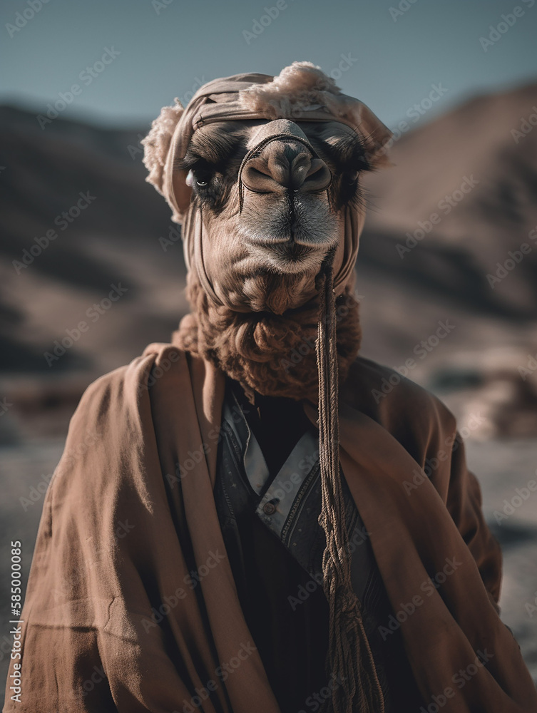 AI generated portrait of animal - a camel in a casual clothe	
