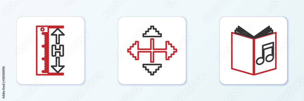 Set line Audio book, Measuring height and length and Pixel arrows four directions icon. Vector