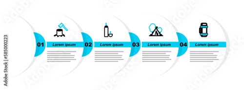 Set line Thermos container, Tourist tent with flag, and Wooden axe stump icon. Vector