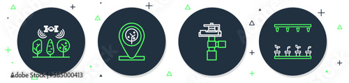 Set line Location and tree, Automatic irrigation sprinklers, Smart farm with drone and icon. Vector