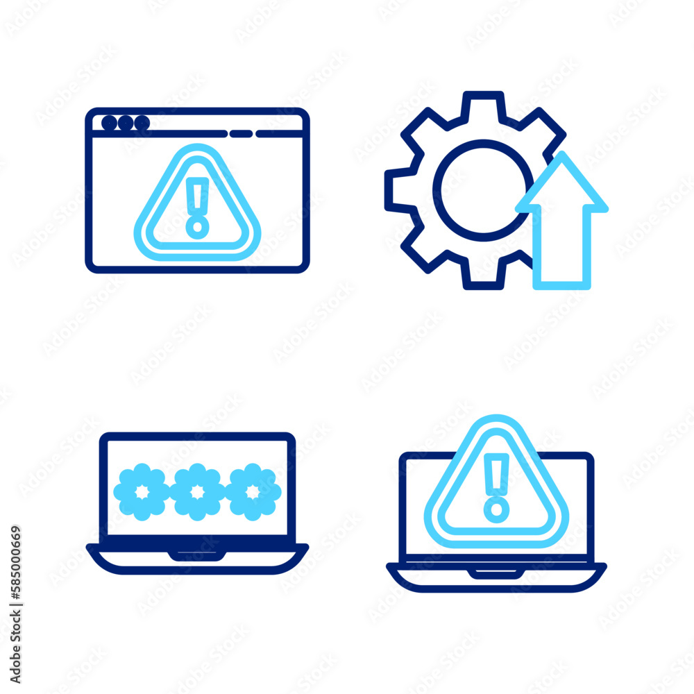 Set line Laptop with exclamation mark, password, Arrow growth gear and Browser icon. Vector