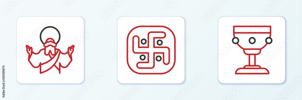 Set line Christian chalice, Jesus and Jainism icon. Vector Set line Christian chalice, Jesus and Jainism icon. Vector