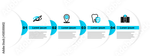 Set line Medical hospital building, Dental protection, location with cross and Invisible or hide icon. Vector