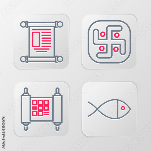 Set line Christian fish, Decree, paper, parchment, scroll, Jainism and icon. Vector