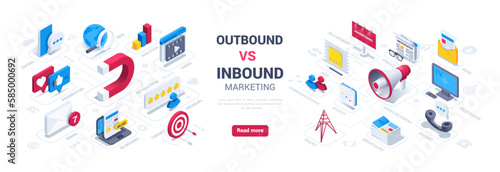 isometric vector illustration isolated on white background, outbound vs inbound marketing landing page, loudspeaker and magnet icons next to other icons