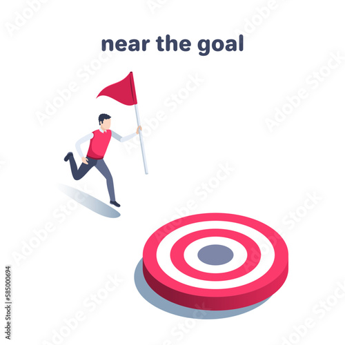 isometric vector illustration on a white background, a man in business clothes runs with a flag to the target, achieving success or on the way to the goal