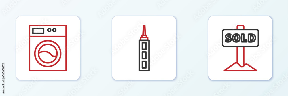Set line Hanging sign with text Sold, Washer and Skyscraper icon. Vector Set line Hanging sign with text Sold, Washer and Skyscraper icon. Vector