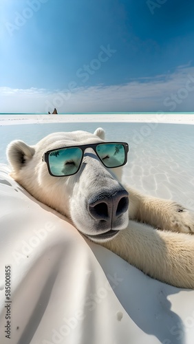 a polar bear is lying on a beach bed, wearing sunglasses, on a tropical beach, Maldives, fantasy, vertical image, generated in AI