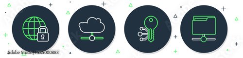Set line Network cloud connection, Cryptocurrency key, Global lockdown and FTP folder icon. Vector
