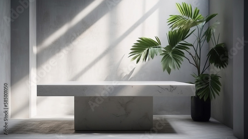 Minimal  modern white marble stone counter table  tropical tree in sunlight  leaf shadow on concrete texture wall background for luxury fresh organic cosmetic  skincare  beauty treatment product 3D