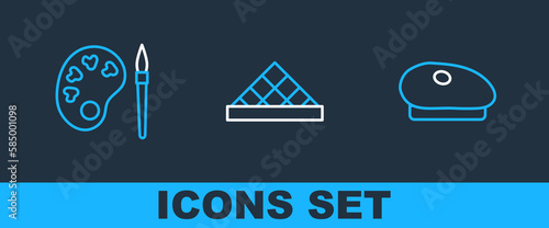 Set line French beret, Paint brush with palette and Louvre museum icon. Vector