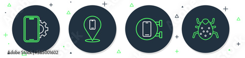Set line Phone repair service, and System bug icon. Vector