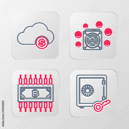 Set line Proof of stake, Cryptocurrency bitcoin with circuit, ASIC Miner and cloud mining icon. Vector