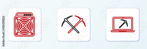 Set line Mining with laptop and pickaxe, ASIC Miner and Crossed icon. Vector
