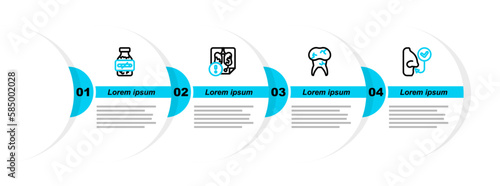 Set line Healthy breathing, Tooth with caries, Disease lungs and Nicotine gum blister pack icon. Vector