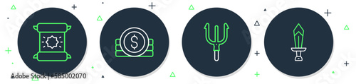 Set line Ancient coin, Neptune Trident, Decree, parchment, scroll and Sword for game icon. Vector