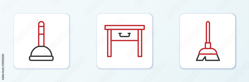 Set line Handle broom, Rubber plunger and Furniture nightstand icon. Vector Set line Handle broom, Rubber plunger and Furniture nightstand icon. Vector
