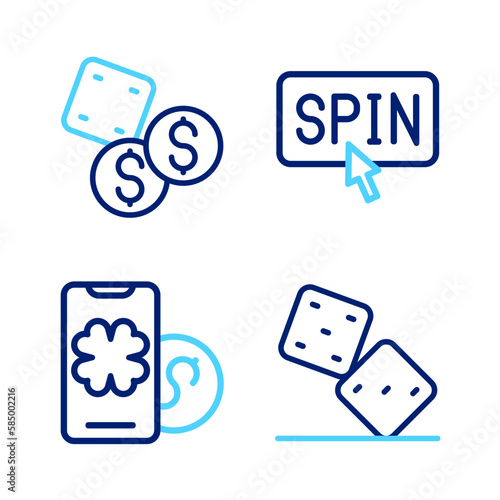 Set line Game dice, Online poker table game, Winner holding prize ticket and icon. Vector