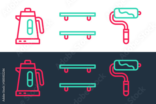 Set line Paint roller brush, Electric kettle and Empty wooden shelves icon. Vector