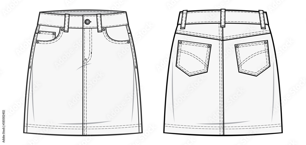 Classic denim skirt fashion technical drawing template with redesigned coin pocket, Front zip fly, and top button fastening. skirt vector illustration. front and back view. CAD mockup. Classic denim skirt fashion technical drawing template with redesigned coin pocket, Front zip fly, and top button fastening. skirt vector illustration. front and back view. CAD mockup.