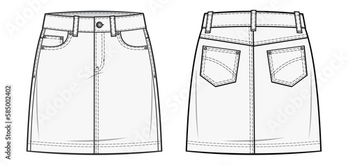Classic denim skirt fashion technical drawing template with redesigned coin pocket, Front zip fly, and top button fastening. skirt vector illustration. front and back view. CAD mockup.