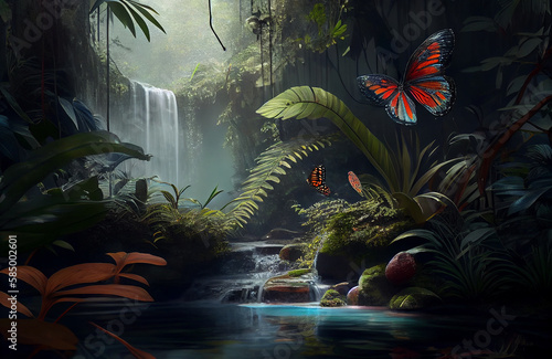 Beautiful nature scene of forest, butterflies in a natural jungle environment landscape, colorful yet calm art with waterfall and wilderness - AI Generated © Musashi_Collection