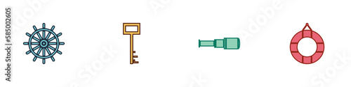 Set Ship steering wheel, Pirate key, Spyglass telescope lens and Lifebuoy icon. Vector