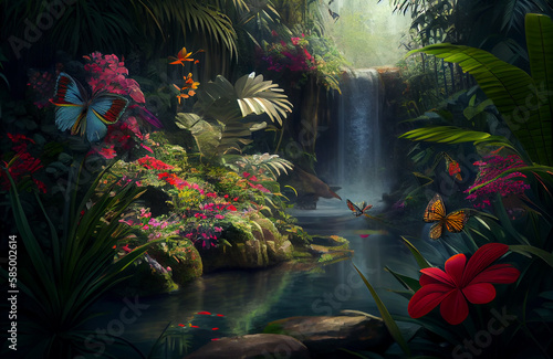 Beautiful nature scene of forest, butterflies in a natural jungle environment landscape, colorful yet calm art with waterfall and wilderness - AI Generated © Musashi_Collection