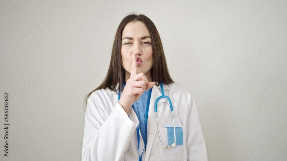 Young caucasian woman doctor asking for silent over isolated white background Young caucasian woman doctor asking for silent over isolated white background