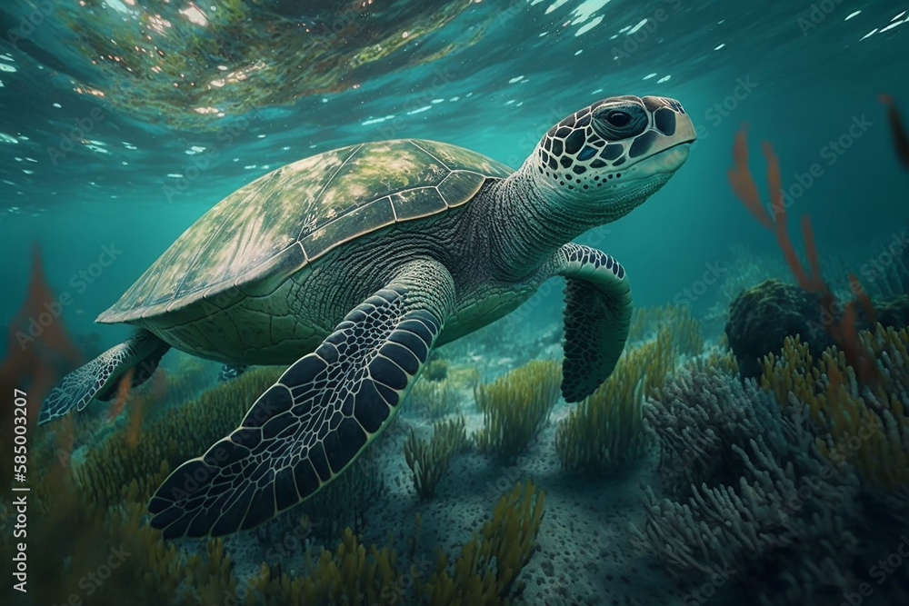 Sea turtle swims under water tro with generative AI technology