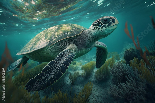 Sea turtle swims under water tro with generative AI technology © Nayan