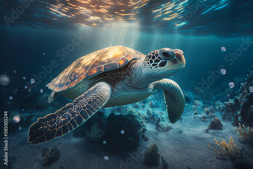 Sea turtle swims under water tro with generative AI technology © Nayan