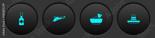 Set Tabasco sauce, Vintage pistols, Nachos bowl and Mexican sombrero icon. Vector
