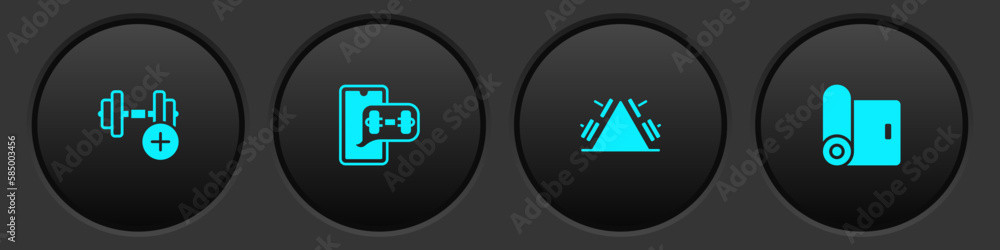 Set Dumbbell, Fitness app, Metal rack with weight and mat roll icon. Vector Set Dumbbell, Fitness app, Metal rack with weight and mat roll icon. Vector