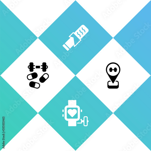 Set Sports doping with dumbbell, Smart watch heart, Protein sport bar and Location gym icon. Vector
