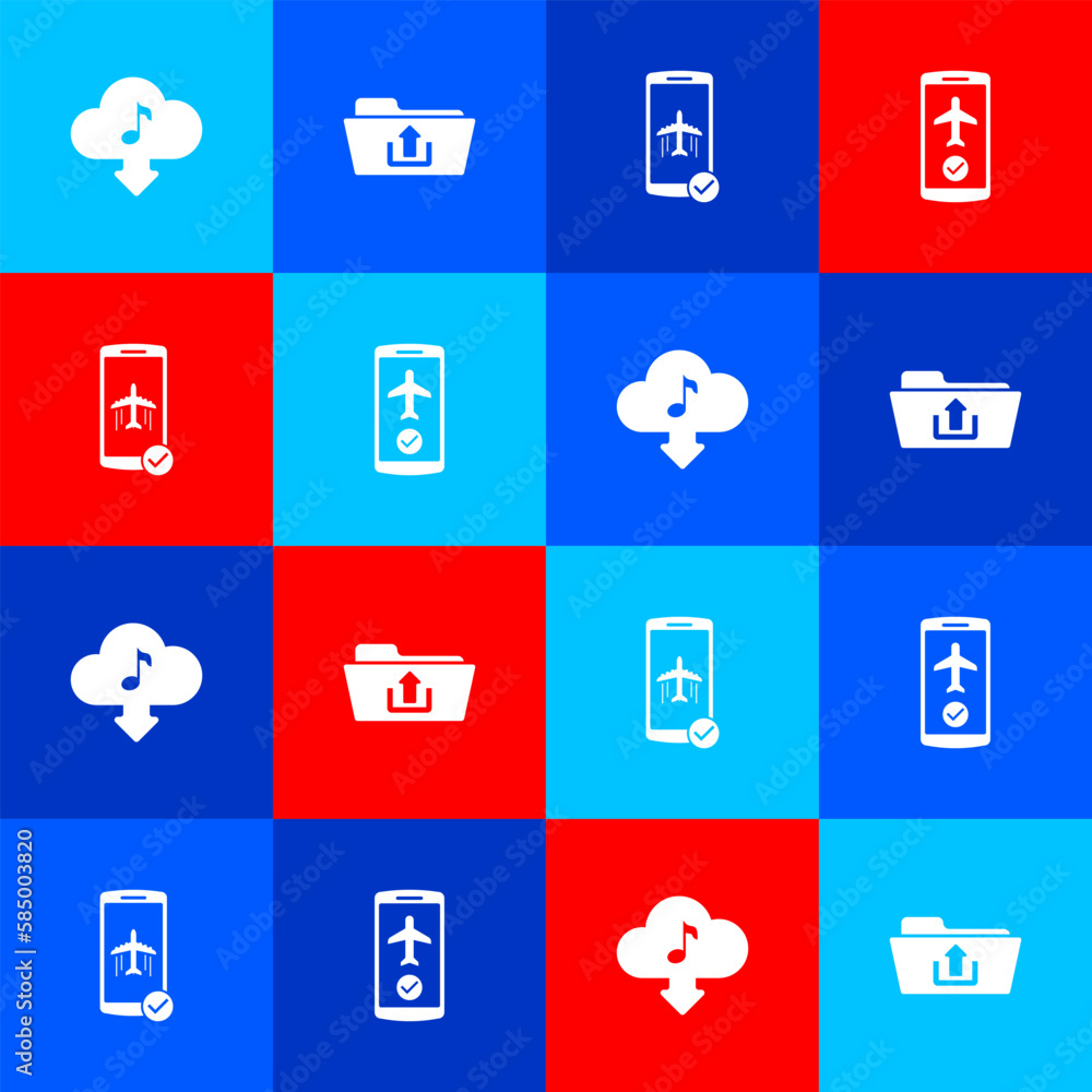 Set Cloud download music, Folder upload, Flight mode in the mobile and icon. Vector Set Cloud download music, Folder upload, Flight mode in the mobile and icon. Vector