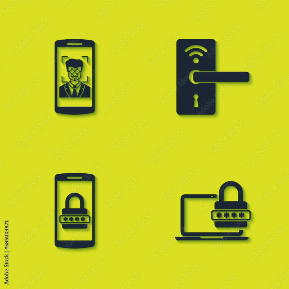 Set Mobile and face recognition, Laptop with password, and Digital door lock wireless icon. Vector Set Mobile and face recognition, Laptop with password, and Digital door lock wireless icon. Vector