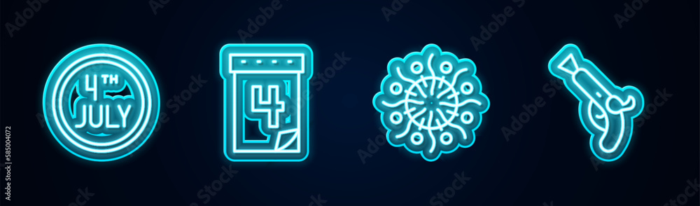 Set line Calendar with date July 4, , Firework and Vintage pistols. Glowing neon icon. Vector Set line Calendar with date July 4, , Firework and Vintage pistols. Glowing neon icon. Vector