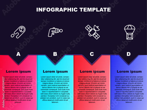 Set line Comet falling down fast, Ray gun, Satellite and Box flying on parachute. Business infographic template. Vector