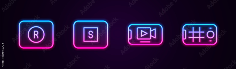 Set line Record button, Stop media, Online play video and Selfie mobile. Glowing neon icon. Vector Set line Record button, Stop media, Online play video and Selfie mobile. Glowing neon icon. Vector