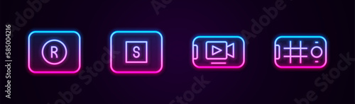 Set line Record button, Stop media, Online play video and Selfie mobile. Glowing neon icon. Vector