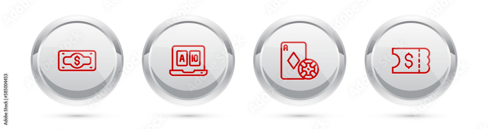 Set line Stacks paper money cash, Online poker table game, Casino chip and playing cards and Lottery ticket. Silver circle button. Vector Set line Stacks paper money cash, Online poker table game, Casino chip and playing cards and Lottery ticket. Silver circle button. Vector